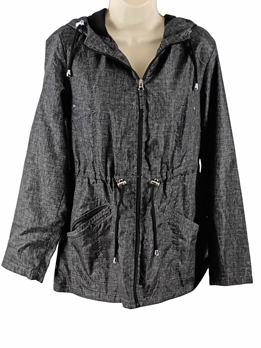 Int Details Womens Grey And  Black Hooded Parka Jacket with Drawstring Waist